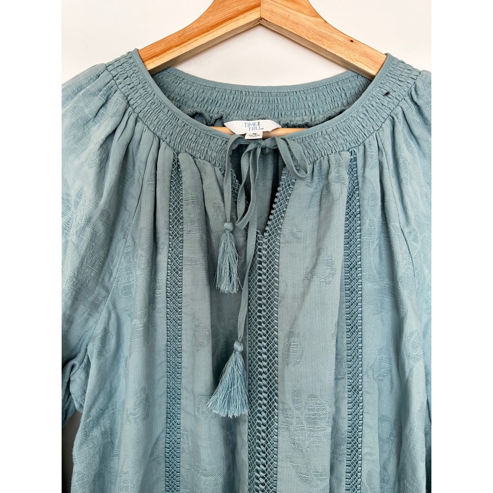 Teal Floral Jacquard Peasant Blouse Tassel Lace Med Prairie Boho Country Latice - Picture 4 of 5